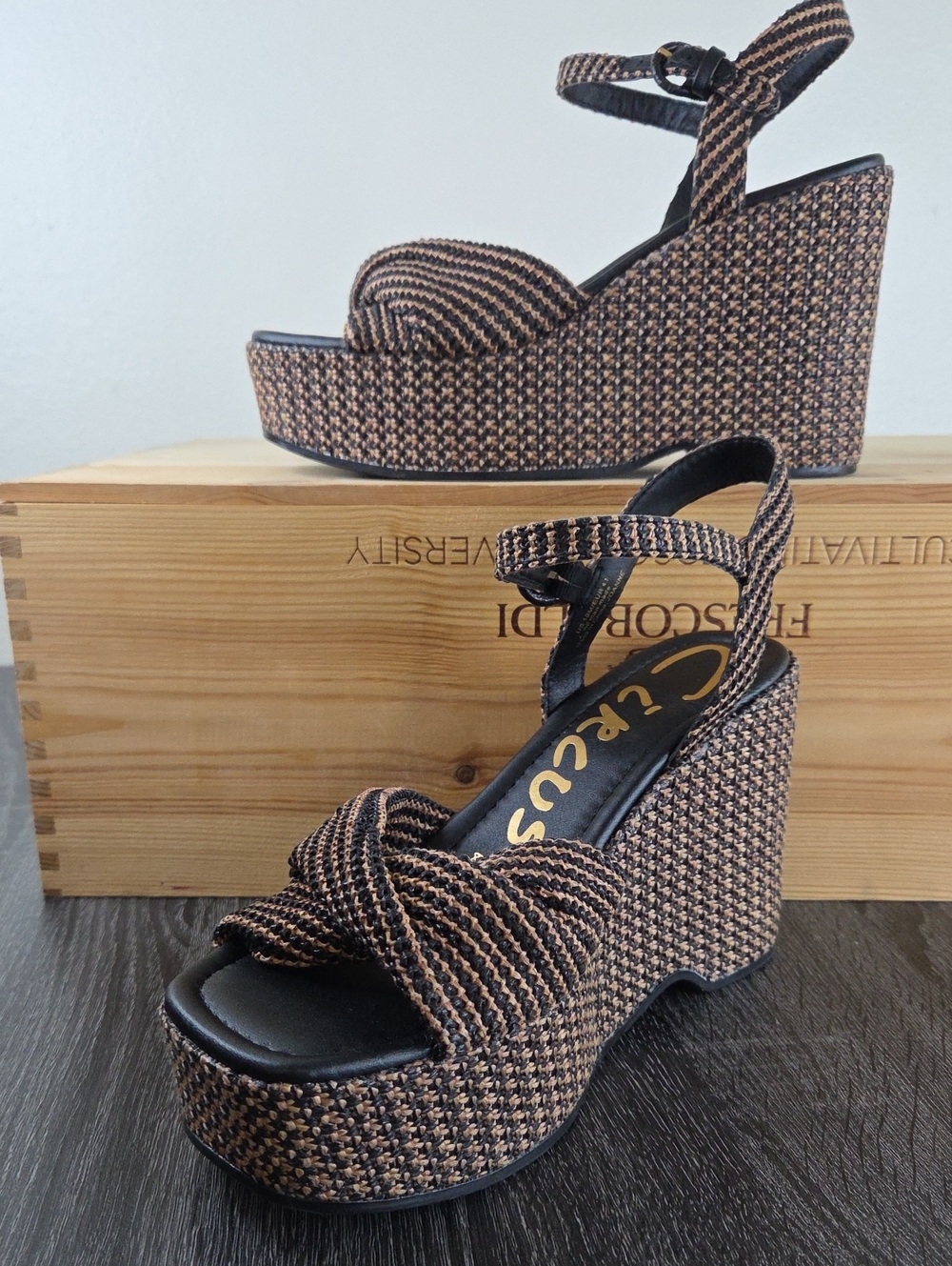 SAM EDELMAN JOANNE SZ 10 Woven Platform Wedge Sandals in Black & Tan NWT $110